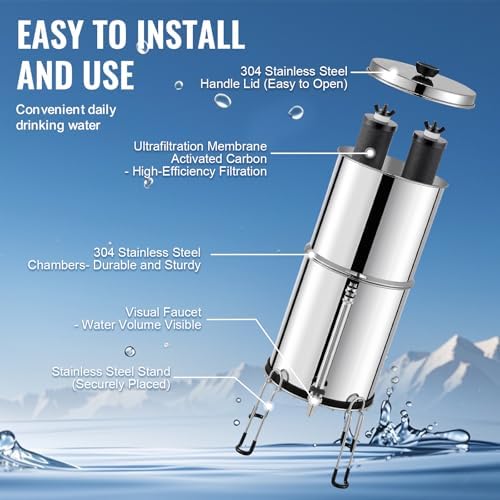 VEVOR Gravity-fed Water Filter System, 2.25G 304 Stainless-Steel Countertop System, Water Filtration System, Reduces Lead and up to 99% of Chlorine, with 2 Carbon Filters, Water Level Spigot, Stand - Image 6