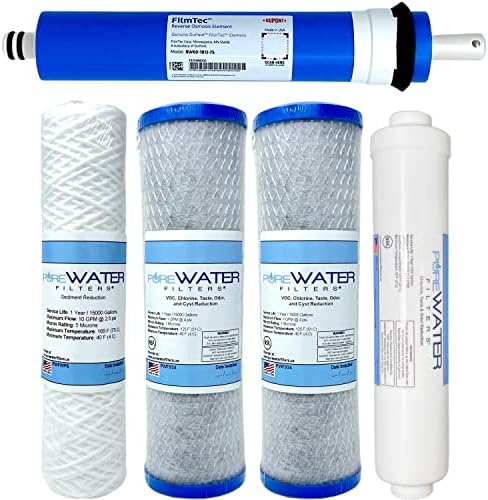 MADE IN USA - Reverse Osmosis 75 GPD Water Filter Replacement Set - Includes RO Membrane, 2 Carbon Block Filters, Sediment Filter, and GAC Cartridge by PureWaterFilters