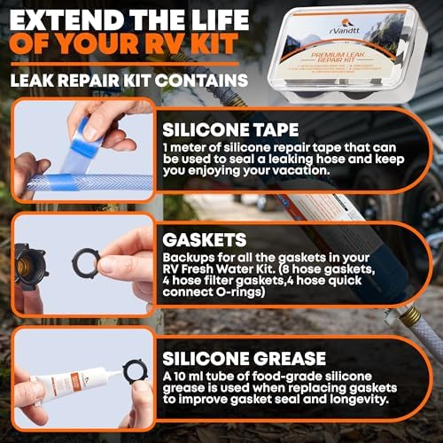 RV Fresh Water Kit - RV Water Pressure Regulator, Inline Water Filter, Hose Splitter, Brass Elbow, Flexible Connector, Hose Quick Connects, Leak Repair Kit, and Carrying Case - Image 6
