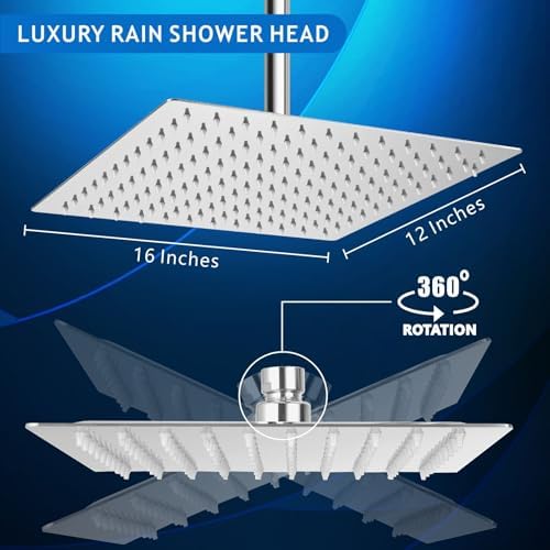 Voolan Extra Large Rain Shower Head - High Flow Square Rainfall Showerhead - Waterfall Full Body Coverage - Universal Ceiling or Wall Mount (16 * 12 Inch Rectangle, Chrome) - Image 4
