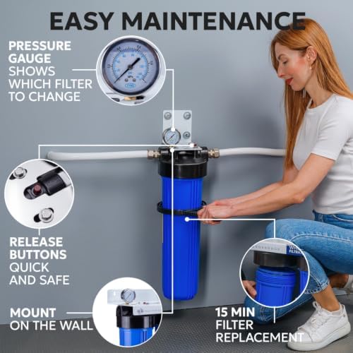 Aquaboon Whole House Water Filter System for Well Water with 20x4.5 Anti-Scale Purification Cartrige | NSF Certified, Pressure Gauges & Releas, Wrench, Bracket 1" NPT - Image 4