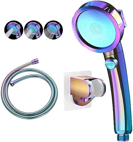 KAIYING Drill-Free High Pressure Handheld Shower Head with ON/OFF Switch, 3 Spray Modes - Polished Finish, Shower Head (Radiant Rainbow) + Bracket + Hose by KAIYING