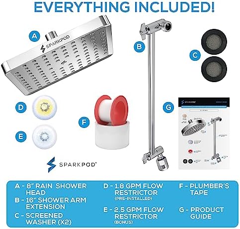 SparkPod Square Rain Shower Head with Extension Arm - Height Adjustable Shower Head with High Pressure Performance - Easy 1-Minute Installation (8" Square, Luxury Polished Chrome) - Image 7