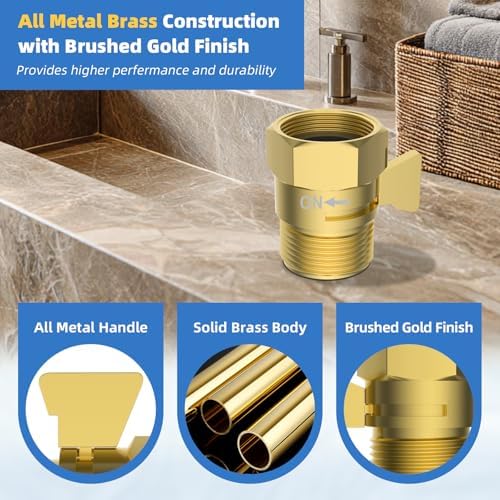 Hibbent All Metal 1 Pack Shower Head Flow Control Valve, G1/2 Brass Shut-off Valve with Metal Handle Lever, Shut OFF Water Flow Control Regulator for Handheld Shower, or Bidet Sprayer, Brushed Gold - Image 2