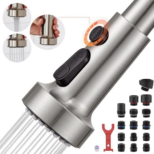 TIORIY with 15 Adapters Pull Down Kitchen Sink Faucet Head Replacement, 3 Functions Plastic Kitchen Sink Sprayer Nozzle Replacement for Kitchen Faucet, Pause Mode (Brushed Nickel) by TIORIY