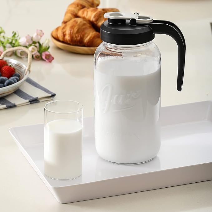 Glass Pitcher with Lid - 2 Quart Mason Jar Pitcher with Filter Lid, Wide Mouth Jar Leak-proof Water Jug, Heavy Duty Container for Water, Juice, Milk, Tea, Iced Coffee, and Drinks - Set of 3 - Image 5