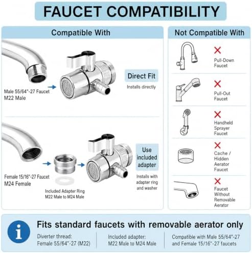 Faucet Diverter Valve, 6mm Barb for 3/8" OD RO Tube & 1/4" ID Flexible Tubing, Countertop Water Filter Adapter with Solid Brass Handle, M22 to M24 Adapter Rings, Clamps & Washers - Image 4
