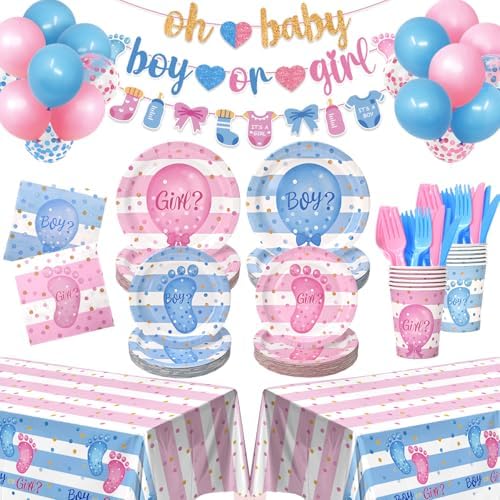 322Pcs Gender Reveal Decorations Kit (Serves 50 Guests) - Girl or Boy Gender Reveal Decorations, Disposable Tableware with Plates & Napkins, Tablecloth, Banner for Baby Shower by Kinovo