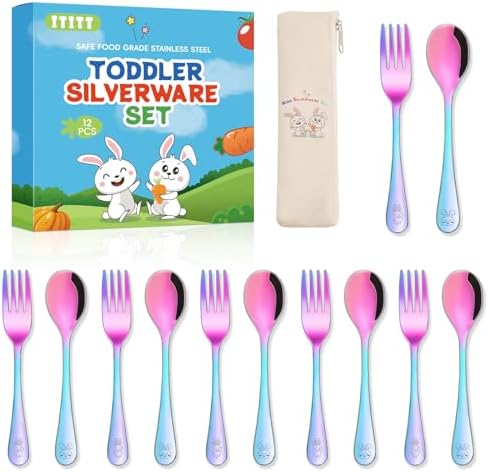 12 Pieces Stainless Steel Rainbow Toddler Utensils Set - Food Grade Kids Silverware Set Children Safe Small Forks and Spoons Mirror Polished Sturdy and Durable Dishwasher Safe by ITITT