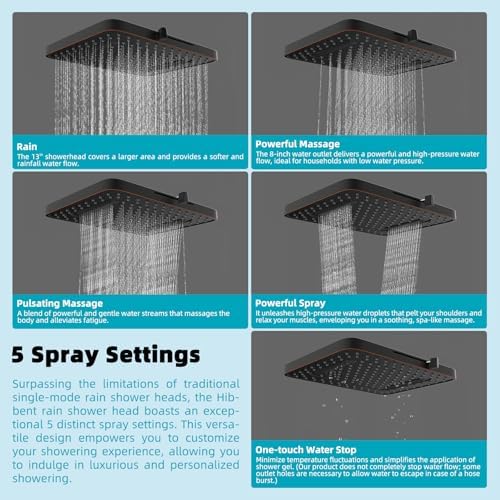 Hibbent Rain Shower Head, 13'' High Pressure Rainfall 5 Spray Mode Showerhead with 16" Shower Head Extension Arm, Brass Adjustable Shower Arm Extender, Waterfall fixed Showerheads, Oil Rubbed Bronze - Image 2