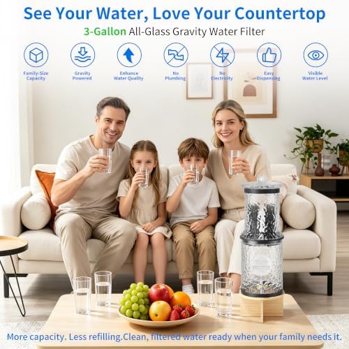 Glass Gravity Water Filter,3 Gallon Glass Water Dispenser with Wood Stand - Image 3
