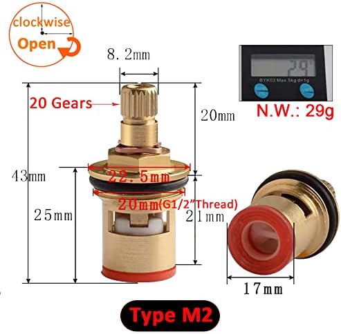 Brass Ceramic Cartridge, G1/2" Tap Ceramic Stem Cartridges Replacement for Hot Cold Water Faucet Spool Valve (Type M2- H43mm) - Image 2