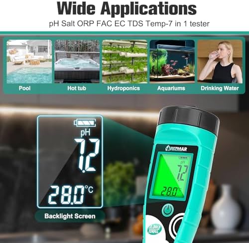 UIUZMAR pH and Salt Tester for Pool Free Chlorine Meter ORP Meter 7 in 1 Digital Pool Water Tester for pH, Salinity, Free Chlorine, ORP, TDS, EC, Temp Saltwater Pool Tester PPM and EC Meter - Image 5