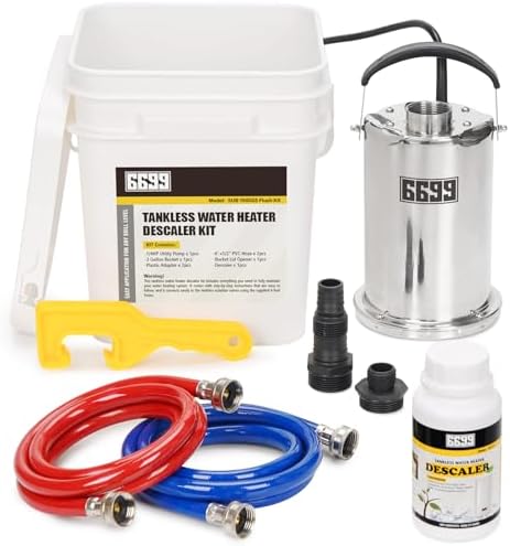 Tankless Water Heater Flushing Kit Includes 1500GPH Stainless Steel Pump with Two Adapters & Cleaner & 3 Gallons Pail with Bucket Lid Opener & Two 1/2” Dia X 6’ Hoses SUB 1500SS Flush Kit by Volcanorproducts