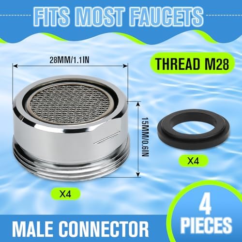 4Pcs Faucet Aerator Replacement, 1-1/8″ 28mm Stainless Steel Rustproof High Flow Water Saving Sink Aerators M28 Male Thread, Universal Bathroom Kitchen Faucet Parts - Image 2