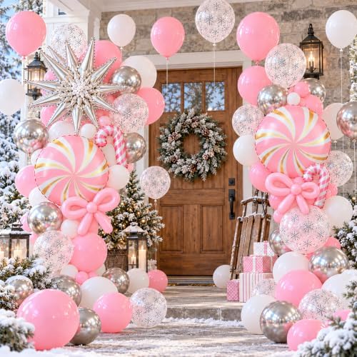 130Pcs Pink White Silver Christmas Balloon Garland Kit with Snowflakes - Image 5