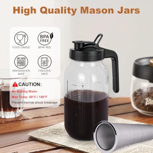 Cold Brew Coffee Maker, 64 oz Mason Jar Pitcher with Stainless Steel Filter, Pour Spout Handle Lid, Airtight & Leak-Proof for Iced Coffee,Tea & Lemonade - Image 2