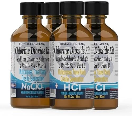 Crystal Clear Lab Chlorine Dioxide 2oz Pure Solution 4 Glass Bottle Kit by CrystalClearLab