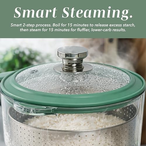 COOK WITH COLOR Glass Mini Low Carb Rice Cooker – Holds 2 Cups Raw/Makes 6 Cups Cooked with Auto Lift Filter Basket, Hotpot & Steamer for Rice, Grains, Digital Panel with Keep Warm, Dark Sage - Image 5