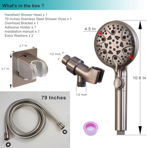 GwernKB Brushed Nickel Shower Heads Handheld with On Off Switch,8-Mode High Pressure Shower Wand with 79In Stainless Steel Hose&Bracket PLUS Low-Reach Adhesive Wall Mount Holder for Kids&Elderly - Image 6