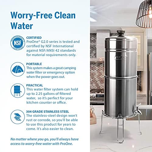 ProOne Traveler+ Stainless-Steel Gravity Water Filter System 2.25-Gallon Countertop Water Dispenser for Home & Travel with One 5” Filter & Wire Stand, Reduces Lead & Microplastcis - Image 3