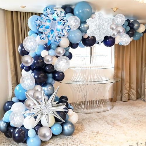 Winter Wonderland Snowflake Balloon Garland Arch Kit, 108PCS Blue and White Silver Christmas Balloons with Snowflake Foil Balloons for Snow Princess Holiday Xmas New Year Birthday Party Decorations - Image 6