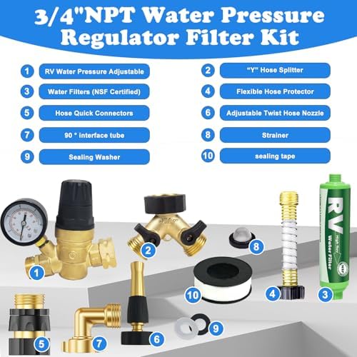 RV Water Pressure Regulator, Water Pressure Regulator for RV Camper, Camper Water Pressure Regulator with RV Water Regulator, Water Filter, Quick Connect Water Hose, Brass Elbow Flexible Connector - Image 6