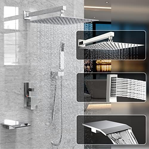 Chrome Shower System Rain Faucet Set with Tub Spout, 10 inch - Image 2