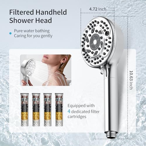Filtered Shower Head with Handheld, 9 Spray Mode High Pressure Shower Head with 4 Filters, Hard Water Filter Showerhead - Remove Chlorine, Chrome - Image 2