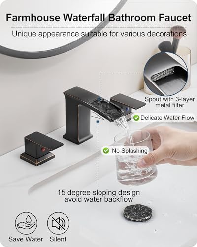 Waterfall Bathroom Sink Faucet 3 Hole, Bronze 8 Inch 2 Handles - Image 2