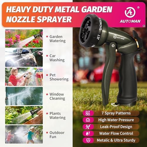 AUTOMAN Garden Hose Nozzle - 7 Patterns Sprayer, 100% Metal High Pressure Spray Nozzle, Labor-Saving Design, Heavy Duty Water Hose Nozzle for Garden Watering, Car Washing, Window Cleaning,Pets Bathing - Image 6
