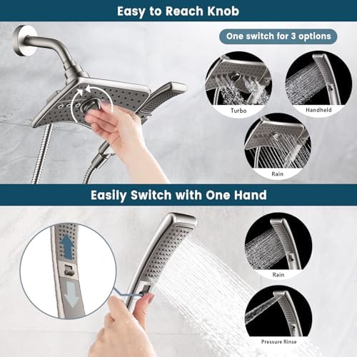 BRIGHT SHOWERS High Pressure Shower Head Combo with Two Spray Setting Fixed Shower Head and Two Spray Settings Handheld Shower Head with Grey Face, Brushed Nickel (Pack of 2) - Image 3