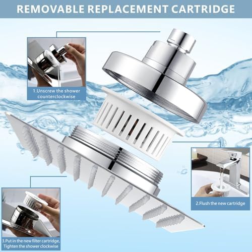 High Pressure Rain Shower Head with Filtered - 8" All Metal Square Showerhead Filter for Remove Chlorine and Harmful Substances, Chrome - Image 2