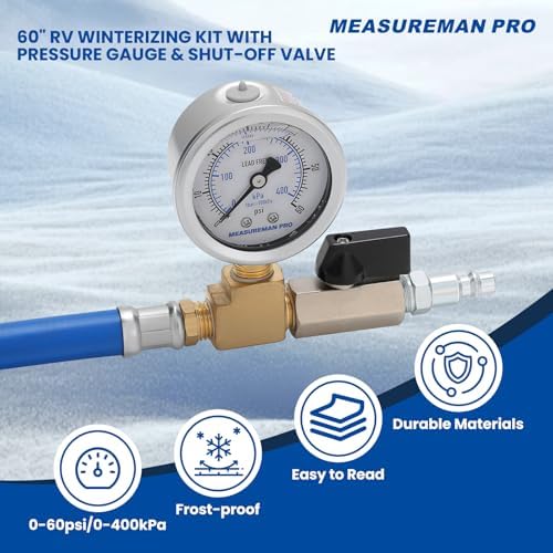 MEASUREMAN Garden Hose Blowout Kit, 0–60 PSI Pressure Gauge, 3/4 Inch GHT, 1/4 Inch Quick Connect Blowout Plug with Shut Off Valve for Outdoor Faucet & Sprinkler Systems (60-Inch Blue Rubber) - Image 2