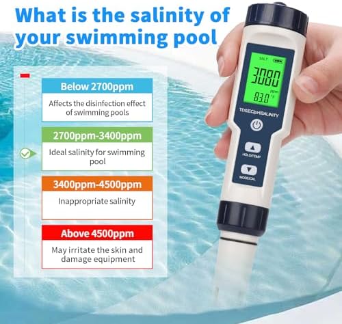 Pool Salt Tester,Digital Pool Water Tester,Accurate and Reliable,Salinity, pH Meter, EC, TDS, and Temperature 5 in 1;Salt Water Pool Testing kit, Used for Pool Salt and hydroponic Plants - Image 2