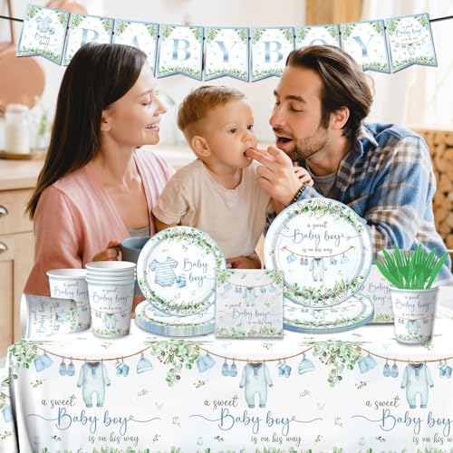Greenery Baby Shower Tableware Set, Watercolor Blue Boy Plates, Napkins, Cups, Tablecloth for Boy Baby Shower Gender Reveal Supplies - Image 3