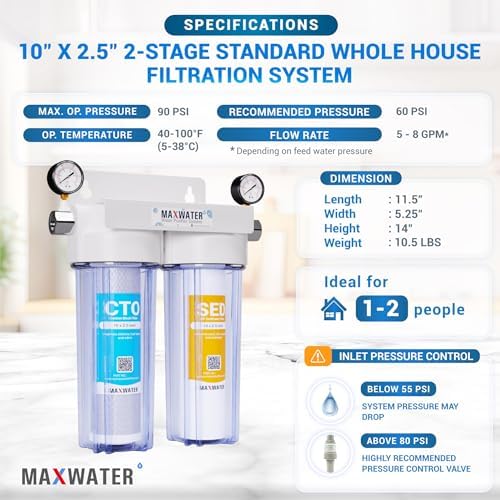 Max Water 2 Stage (Sediment, Odor & Improving Taste) Whole House 10 inch, Standard Water Filtration System with Pressure Gauge - Clear Housing - Sediment + CTO - ¾ Inlet/Outlet - Image 2
