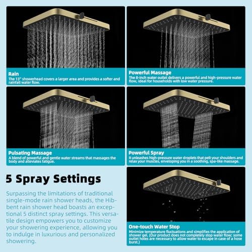 Hibbent Rain Shower Head, 13'' High Pressure Rainfall Square 5 Spray Mode Showerhead with 16" Shower Head Extension Arm, Solid Brass Adjustable Shower Arm Extender, Brushed Gold - Image 2