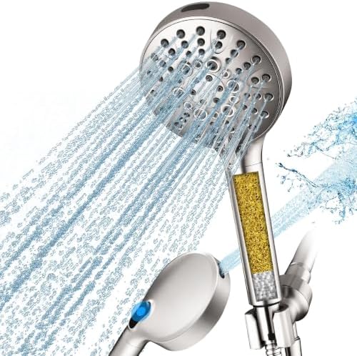 BRIGHT SHOWERS Filtered Shower Head with Handheld, High Pressure 9 Spray Mode Showerhead with Long Hose and Bracket, Water Softener Filters Beads for Hard Water - Removes Chlorine, Brushed Nickel by BRIGHTSHOWERS