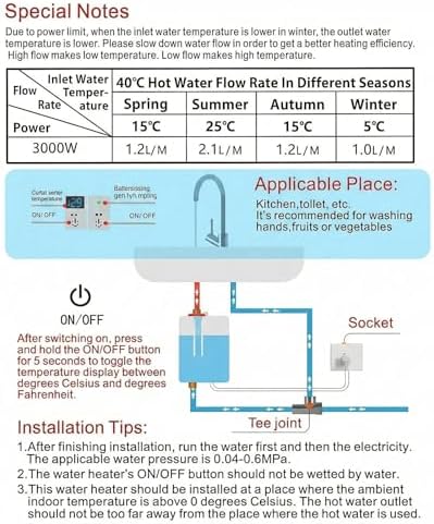 3000W Tankless Water Heater, 110V Electric Point-of-Use for Sink,RV, Camping & Indoor.Vertical Mount Only with 304 Stainless Steel Fittings, (Blue, Digital Display) - Image 3