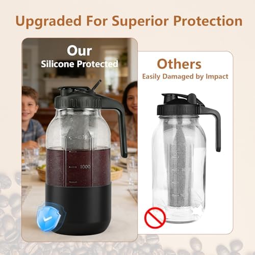 Cold Brew Coffee Maker, 64oz Mason Jar Pitcher with Stainless Steel Filter, Leak-Proof Lid with Pour Spout & Handle, Heavy Duty Glass Iced Coffee Tea Brewer with Protective Silicone Sleeve-Black - Image 4