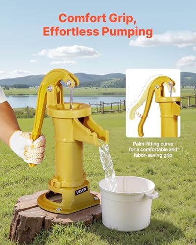 VEVOR Well Hand Pitcher Pump, 25 ft Maximum Lift, Antique Cast Iron Manual Hand Water Pump, NPT 1-1/4 in Connection, Easy Installation, Old Fashioned for Outdoor Garden, Pond, Backyard, Farm, Yellow - Image 4