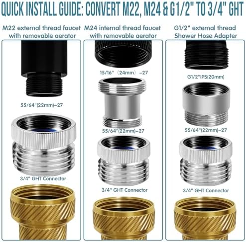 3Pcs Brass Faucet to Hose Adapter with Aerator, Sink Hose Adapter Set with Washers & Tape – Fits G1/2" Female, 55/64" Female, and 15/16" Male, Connects to 3/4" GHT Garden Hose - Image 3