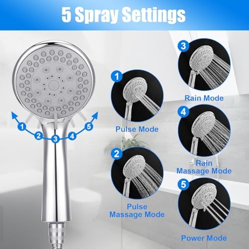 Detachable Handheld Shower Head with Hose - High pressure 5 Functions Showerheads Hand Held Shower Heads,Extra Long 4.7 ft. Stainless Steel Hose and Holder - Image 2