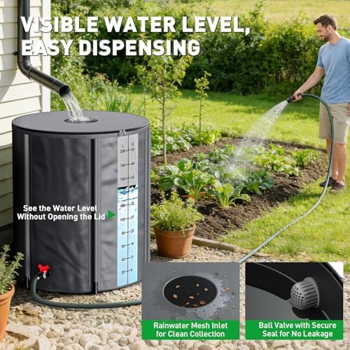 Yesker Collapsible Rain Barrel, 53 Gallon Portable Rainwater Collection System, 550D PVC Water Storage Tank, Rain Catcher with Spigots Filter Overflow Kit, Grey - Image 2
