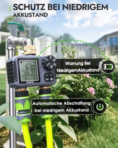 Insoma 2-Zone Sprinkler Timer Brass Inlet/Outlet, Water Hose Timer with Auto/Manual Modes + Rain Delay | Big LCD Dispay | Hose Timers for Garden, Yard Lawn, IPX5 Waterproof & Save Water - Image 6