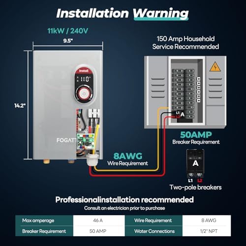 Fogatti Tankless Water Heater Electric 11kw 240V Max 2.6GPM 1 Point Use ETL - Image 3