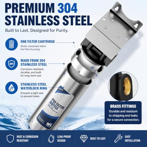Whole House Water Filter Housing, 304 Stainless Steel, Fits Standard 10" x 2.5" Sediment Filters, 3/4" Brass Port Pre-Filter System for Well & City Water, Includes Wrench and 1 PP Sediment Filter - Image 3