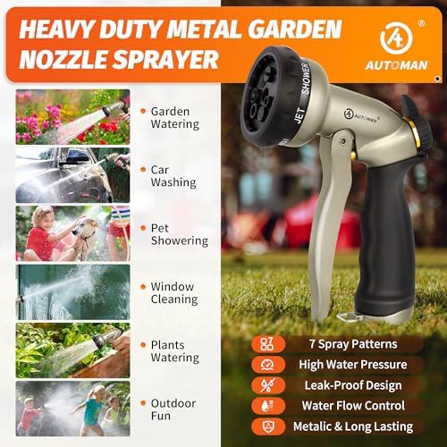 AUTOMAN Garden Hose Nozzle - 7 Patterns Sprayer, 100% Metal High Pressure Spray Nozzle, Labor-Saving Design, Heavy Duty Water Hose Nozzle for Garden Watering, Car Washing, Window Cleaning,Pets Bathing - Image 6