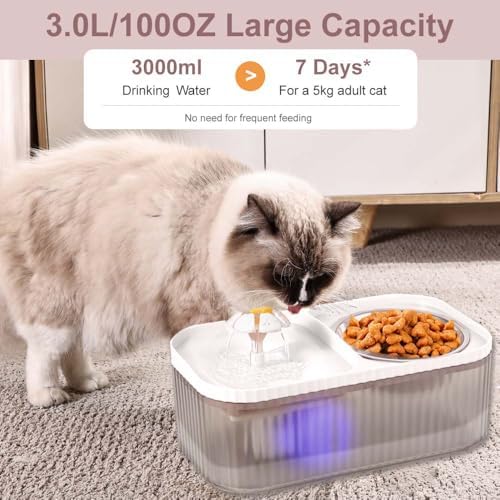 Marchul Cat Water Fountain and Stainless Steel Food Bowl, 100oz/3L Super Quiet Automatic Pet Water Dispenser with Smart Pump and 3 Replacement Filters for Cats and Small Dogs, White - Image 3